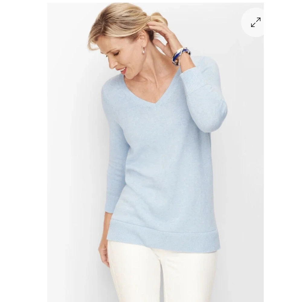 Talbots Double V-Neck Tie Back Sweater Light Blue Small Petite Preppy Coquette‎